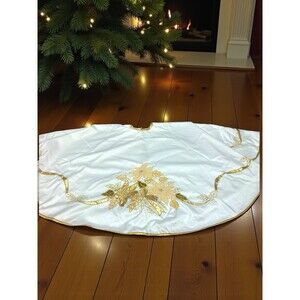 VTG Cream Satin Tree Skirt Gold Lame Floral Embroidery & Piping 58” Philippines